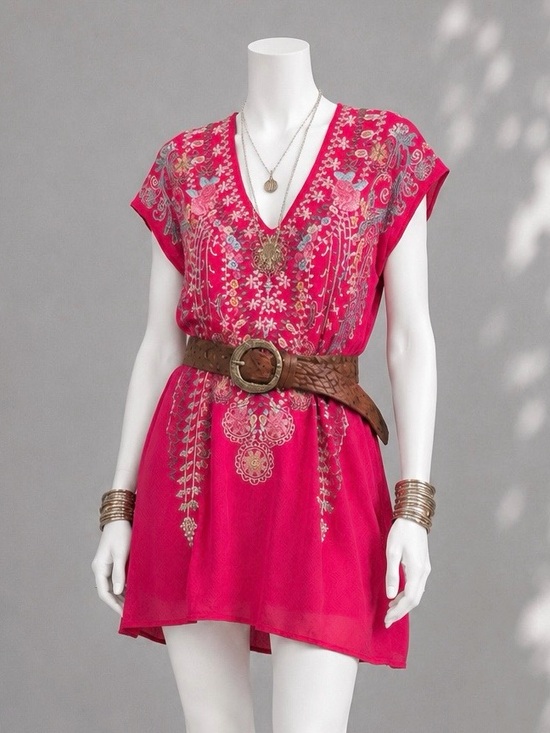 Johnny Was Tops - Johnny Was Floral Embroidered Boho Tunic Karineh Pomegranate Pink Fairy Top
